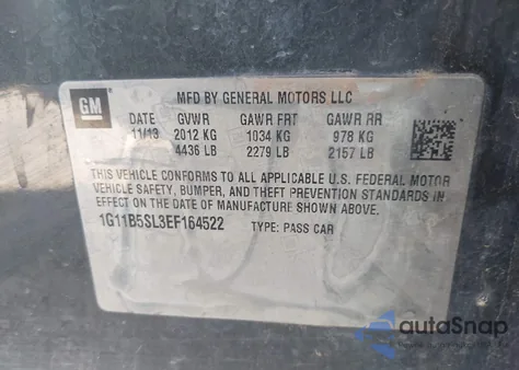 2014 Chevrolet Malibu 1Ls из США, поврежденный, VIN 1G11B5SL3EF164522